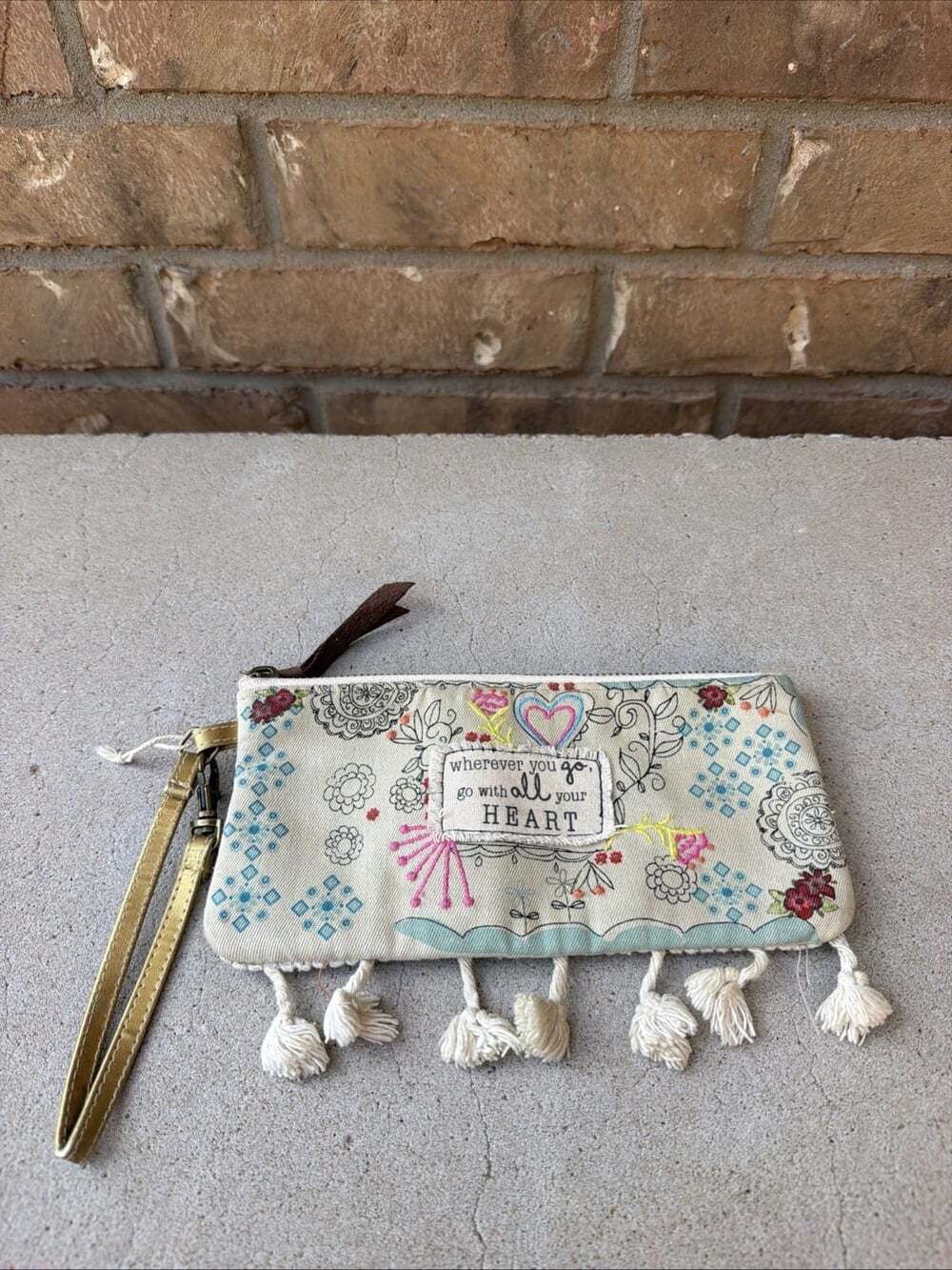 Natural Life Go With All Your Heart Zip Pouch Wristlet Bag Floral Boho Tassels